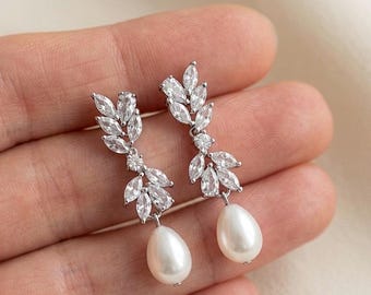 Diamond Pearl Drop Earrings bridal diamond Wedding  Earrings gold pearl wedding jewelry silver bridal jewelry set pearl wedding necklace