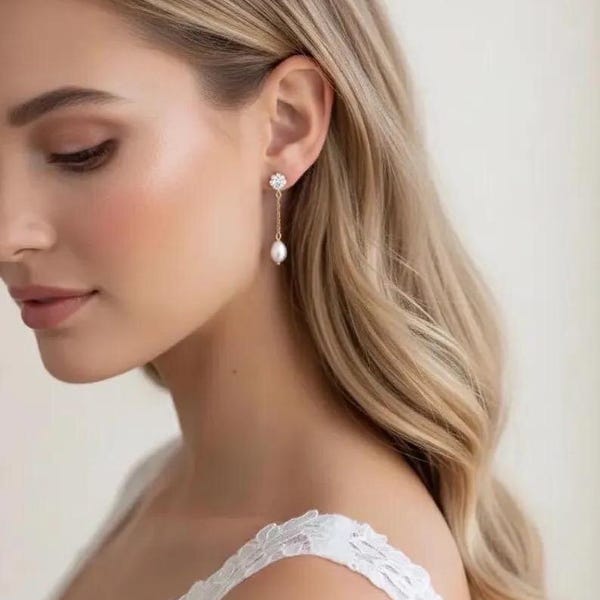 Bridal earrings pearl drop wedding earrings and necklace set long pearl bridal earrings wedding jewelry set dainty bridal jewelry set pearl