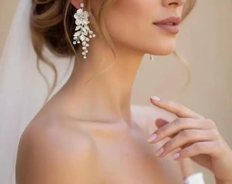 Floral Bridal Earrings: Pearl Flower Wedding Jewelry, flower earrings, floral wedding earrings, bridal jewelry set chandelier earrings