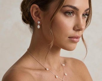 Pearl Bridal Jewelry Set Wedding Necklace and earrings pearl drop Bridal necklace gold wedding jewelry set pearl drop bridal earrings dainty