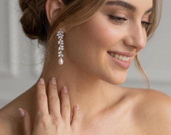 Pendientes colgantes de perlas y diamantes para novia - Pendientes de novia tipo candelabro, conjunto de joyas nupciales de diamantes, pendientes de perlas colgantes para la novia