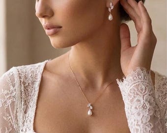 Wedding jewelry set Diamond and Pearl Drop Earrings and necklace Wedding Earrings and Necklace set bridal jewelry pearl dangle earrings