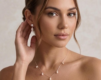Pearl bridal earrings and necklace set pearl drop wedding necklace freshwater pearl drop wedding earrings dainty bridal jewelry set pearl