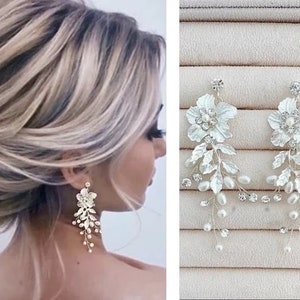 Flower bridal earrings dangle Boho floral Wedding Earrings Pearl Flower Leaf Earrings  Statement bridal Earrings flower earrings for bride