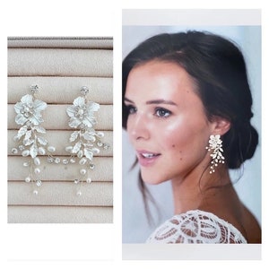 Freshwater Pearl & Crystal Bridal Earrings, Boho Wedding Earrings, Pearl Flower Leaf Earrings, Statement bridal Earrings, bridal earrings image 7
