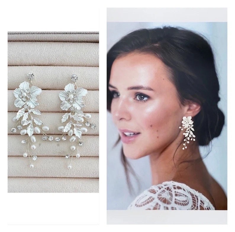 Freshwater Pearl & Crystal Bridal Earrings, Boho Wedding Earrings, Pearl Flower Leaf Earrings, Statement bridal Earrings, bridal earrings image 7