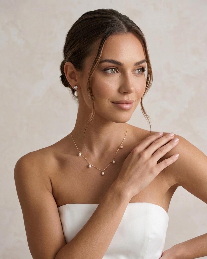 Pearl wedding necklace for bride gold Bridal jewelry set silver freshwater Pearl drop earrings wedding jewelry set pearl drop necklace image 4