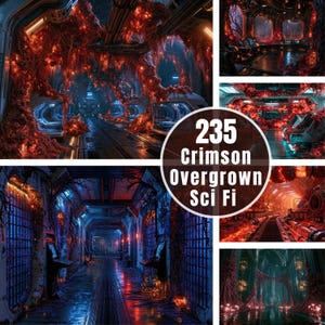 May include: A digital collection of 235 Crimson Overgrown Sci Fi images featuring futuristic corridors and control rooms overtaken by glowing red organic matter. The scenes display metallic structures, dark panels, and vibrant crimson textures.