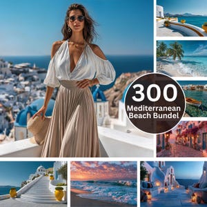 May include: A digital collection titled 300 Mediterranean Beach Bundel featuring a white cold-shoulder blouse and a beige pleated maxi skirt, alongside various scenic photographs of coastal landscapes, sandy beaches, and architecture.
