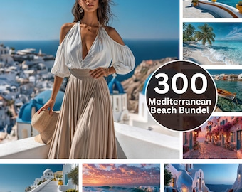 White Village Backdrop | Greek Island Mediterranean Beach Background | Fashion Travel Photography Bundle | Digital JPG
