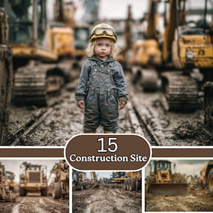 Fondo de obra en construcción / Fondo de maquinaria pesada embarrada / Superposición de retrato de niños / JPG digital