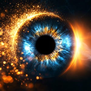 May include: A human eye with a deep blue iris surrounded by a glowing golden ring of light and sparkling particles. The pupil is a solid black circle, and the iris features intricate blue and orange radial fibers radiating outward from the center.