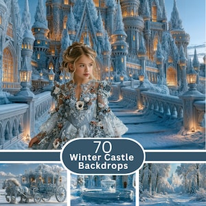 Puede incluir: Una colección digital de 70 fondos de castillos de invierno con escenas arquitectónicas nevadas, una persona con un vestido floral, un carruaje de caballos y una fuente. El texto 70 Winter Castle Backdrops aparece en el centro.