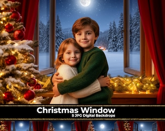 Christmas Window Digital Backdrop, Moonlit Winter Cabin (JPG)