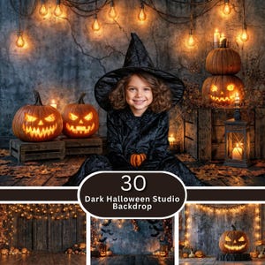 May include: A digital photography backdrop set featuring 30 dark Halloween studio scenes. The images display carved jack-o'-lanterns, glowing string lights, rustic wooden crates, and autumn leaves, creating a moody atmosphere for seasonal portraits.