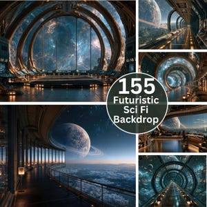 Puede incluir: Una colección de 155 imágenes digitales con fondos de ciencia ficción futuristas, que incluyen interiores de estaciones espaciales, cubiertas de observación curvas, vistas planetarias y largos pasillos metálicos con nebulosas azules.