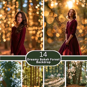 May include: A collection of 14 digital photography backdrops featuring forest scenes with bokeh light effects. The images display various woodland settings, including tree trunks, paths, and soft golden light, labeled 14 Dreamy Bokeh Forest Backdrop.