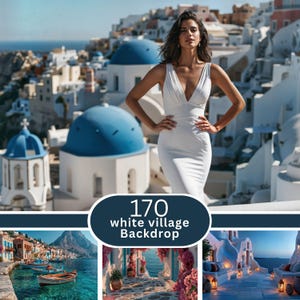 Peut inclure: Une collection de 170 arrière-plans de village blanc présentant diverses scènes, dont une personne en robe blanche, des bateaux côtiers sur l'eau bleue, des sentiers en pierre avec des fleurs roses et des espaces extérieurs éclairés au crépuscule.