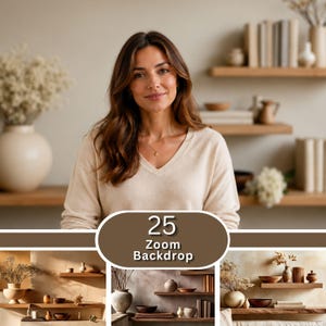 Op de afbeelding: Een digitale collectie van 25 Zoom-achtergronden met interieurscènes met houten planken, keramische vazen, kommen en gedroogde bloemstukken in neutrale, aardse tinten, gepresenteerd als een set virtuele achtergronden met hoge resolutie.