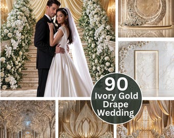 Ivory Gold Drape Wedding Digital Backdrop | Grand Hall Bridal Stage | Engagement Reception Photo Session | Download PNG Set
