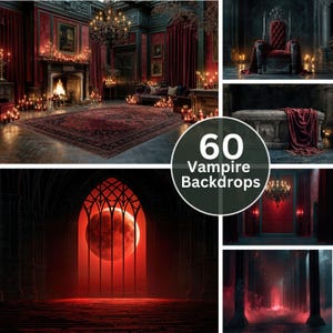 May include: A collection of 60 digital backdrops featuring dark, atmospheric interiors with red velvet curtains, ornate thrones, stone sarcophagi, gothic arches, glowing fireplaces, and a large red moon, all presented in a collage format.