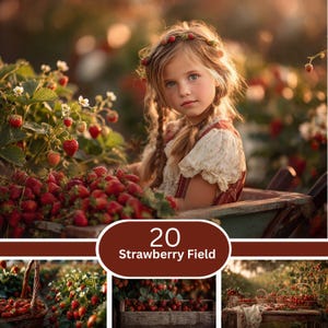 May include: A collage featuring a child in a strawberry field, baskets filled with red strawberries, and wooden crates of harvested fruit. The text 20 Strawberry Field is centered in a brown oval overlaying the images of the harvest.
