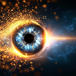 May include: A central human eye with a deep blue iris and a black pupil, surrounded by a swirling ring of bright golden light and glowing particles that dissipate into a dark blue cosmic space background with scattered light flares.