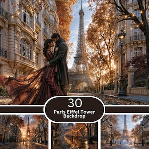 以下が含まれることがあります： フランス・パリのエッフェル塔をテーマにした30種類のデジタル背景コレクション。秋の紅葉、パリの伝統的な建築物、ストリングライトが飾られた街灯、そして街中でフォーマルな服装をしたカップルの姿が描かれています。