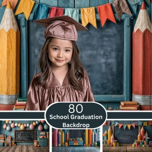 May include: A school graduation backdrop featuring a dark chalkboard centre, colourful pennant banners, and large pencil-shaped pillars on the sides. The scene includes stacks of books and a wooden floor, creating a classroom-themed setting for photography.