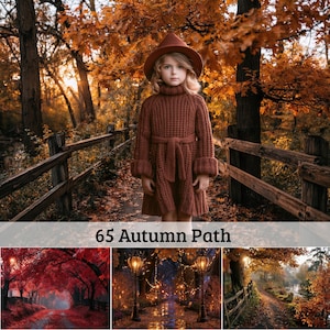 Può includere: Un bambino che indossa un abito in maglia marrone con un cappello a tesa larga abbinato, in piedi su un sentiero circondato da alberi autunnali. Il testo 65 Autumn Path è visualizzato sotto. L'immagine include alberi rossi e un sentiero boschivo.