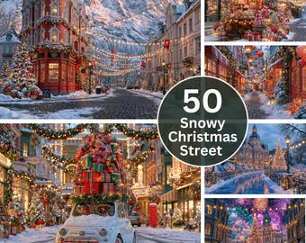 Snowy Christmas Street Winter Digital Backdrop | Old Town Market Evening | Family Holiday Photo Session | Download JPG Set