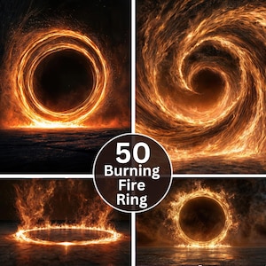 Puede incluir: Una colección digital de 50 Burning Fire Ring con varios patrones de llamas circulares, incluyendo vórtices giratorios y anillos de fuego naranja brillante sobre fondos oscuros, con el texto 50 Burning Fire Ring centrado en la imagen.