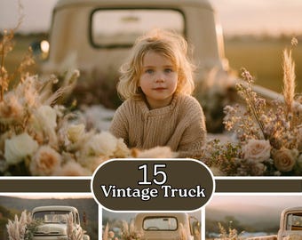 Vintage Truck Backdrop | Floral Bed Setting | Romantic Wedding Portrait | Digital Background
