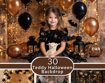 Teddy Bear Halloween Baby Digital Backdrop | Spooky Black Gold Studio Scene | Sitter Milestone Photo Session | Download JPG Set