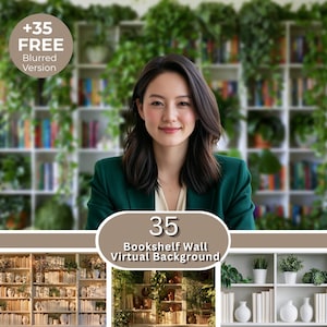 Op de afbeelding: Een digitale collectie van 35 virtuele achtergronden met witte boekenplanken gevuld met boeken, decoratieve vazen en hangende groene planten. De tekst +35 FREE Blurred Version en 35 Bookshelf Wall Virtual Background is zichtbaar.