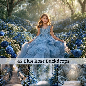 May include: A collection of 45 digital backdrops featuring blue rose gardens, stone staircases, and floral archways. The images display various scenes of blue roses in bloom, forest paths, and light-filled settings with the text 45 Blue Rose Backdrops.