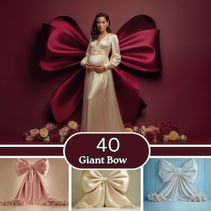 Peut inclure: Une femme en robe de maternité crème se tient devant un grand nœud papillon bordeaux. L'image comprend un arrangement floral en bas et le texte "40 Giant Bow".