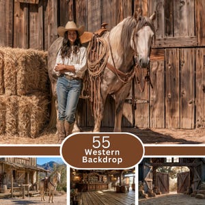 May include: A collection of 55 Western backdrop images featuring scenes of a person in a cowboy hat and jeans standing next to a horse, rustic wooden barns, saloon interiors, and open barn doors with hay bales, presented in a digital format.