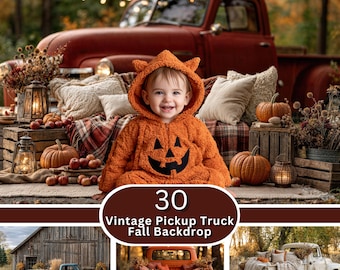 Vintage Pickup Truck Fall Family Backdrop | Country Barn Golden Hour | Kids Autumn Photo Session | Download JPG Set