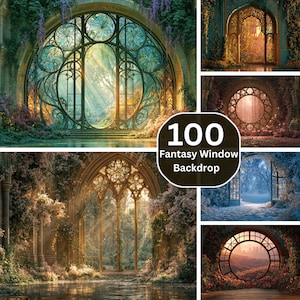 May include: A collection of 100 fantasy window backdrop images featuring various architectural designs, including arched and circular windows, ornate metal frames, stone structures, lush floral greenery, and diverse outdoor landscapes.
