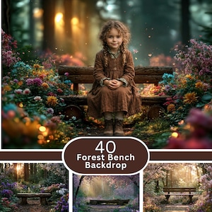 Peut inclure: Un ensemble de fonds numériques pour la photographie présentant un banc en bois rustique dans une forêt luxuriante entourée de fleurs vibrantes. La collection comprend 40 variations de scènes forestières avec des bancs et des fleurs.