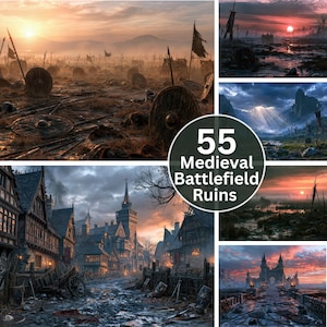 Puede incluir: Una colección de 55 imágenes digitales que representan ruinas de campos de batalla medievales, con paisajes devastados por la guerra, escudos de madera abandonados, lanzas, terreno embarrado, castillos de piedra en ruinas y arquitectura.