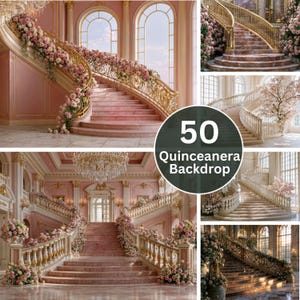 Puede incluir: Una colección de 50 imágenes de fondo para Quinceanera que muestran grandes escaleras en salones opulentos. Las escenas presentan escalones de mármol, barandillas doradas ornamentadas y abundantes arreglos florales en tonos rosa y blanco.