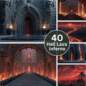 May include: A digital collection of 40 Hell Lava Inferno themed images featuring dark gothic stone architecture, arched gateways, flowing molten lava rivers, glowing fire pits, and silhouettes of jagged castles under a deep red stormy sky.