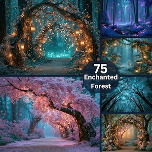 Pode incluir: Uma coleção digital de 75 fundos com o tema floresta encantada, apresentando várias cenas de árvores brilhantes, arcos florais e caminhos místicos na floresta em tons de azul-petróleo, rosa e roxo com lanternas quentes e luz suave.