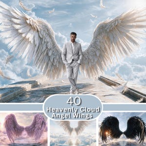 May include: A digital collection of 40 Heavenly Cloud Angel Wings featuring various styles including large white feathered wings, soft pink wings, and dark black wings set against sky backgrounds with clouds and floating feathers.