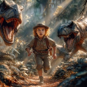 May include: A young person in a safari outfit runs down a path, pursued by two large Tyrannosaurus Rex dinosaurs. The scene is set in a lush, green jungle with ferns and palm fronds. The dinosaurs have open mouths.