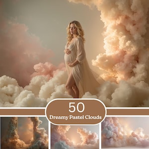 May include: A woman in a flowing beige gown stands amidst fluffy pastel clouds. The image features a soft color palette of cream, pink, and peach. The text "50 Dreamy Pastel Clouds" is displayed at the bottom, suggesting a collection of cloud-themed digital assets.