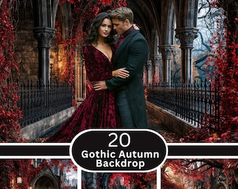 Gothic Autumn Backdrop | Crimson Ivy Cathedral Ruins in Fall | Dark Fantasy Halloween Portrait Photography | Digital JPG Download