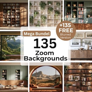 May include: A digital collection of 135 Zoom backgrounds featuring various interior scenes including bookshelves, green cabinetry, brick walls, and scenic window views of mountains and landscapes, with text overlay reading Mega Bundel 135 Zoom Backgrounds.